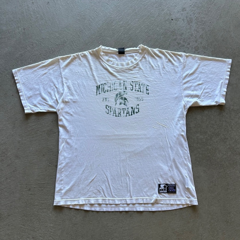 Vintage 90s Starter Michigan State Shirt Size XL White Spartans MSU Distressed
